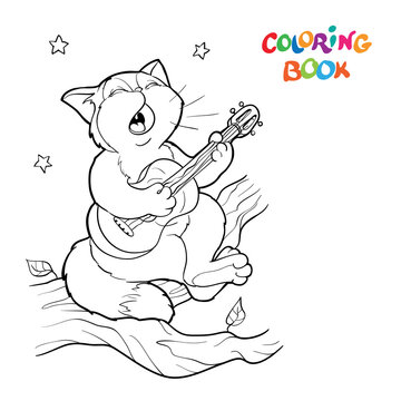 Coloring book or page. A singing cat sits on a branch and plays the guitar, stars in the sky.