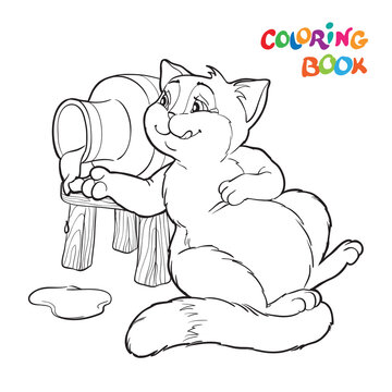 Coloring book with funny fat cat, cat eats sour cream from a jug. Illustration on a white background.