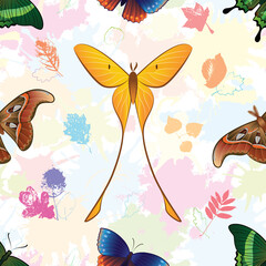 Pattern with butterflies on a background of colored blots.