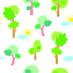 Seamless vector pattern of children's drawing. House, clouds, trees. Line vector drawing. Drawn by a child. Suitable for children's room decoration, fabric, decor. Doodle style.