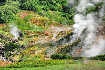 Naklejka na ściany i meble Russia. Kamchatka. The mountains and fumaroles of the Valley of Geysers.