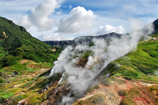 Russia. Kamchatka. The mountains and fumaroles of the Valley of Geysers.