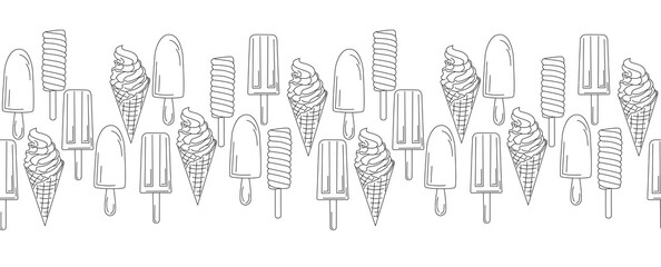 Seamless pattern with sweet ice cream on a white Background. Border with delicious frozen refreshing summer desserts. Flat cartoon drawn illustration for wrapping paper, textile printing.