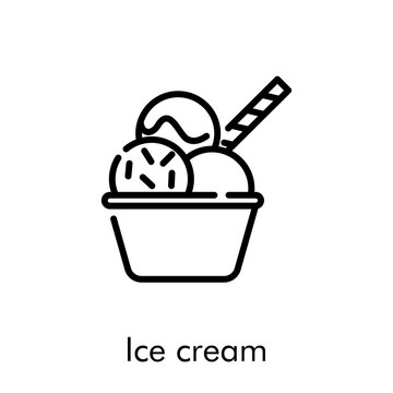 Símbolo vaso con 3 bolas de helado con cobertura de toppings y galleta. Icono plano lineal con texto Ice cream en color negro