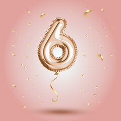 Elegant Pink Greeting celebration six years birthday Anniversary number 6 foil gold balloon. Happy birthday, congratulations poster. Golden numbers with sparkling golden confetti. Vector