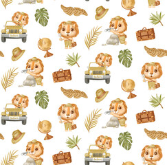 Watercolor pattern safari lion with tropic leaves, globus, hat. Jungle african animal. Baby print or poster. Hand drawn cute illustration Trend art. . Hight quality photo