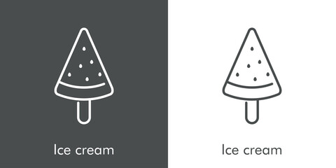Símbolo helado de sandia con paleta de madera. Icono plano lineal con texto Ice cream en fondo gris y fondo blanco