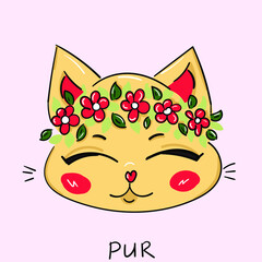 cat with a wreath of flowers on his head. cute vector illustration
