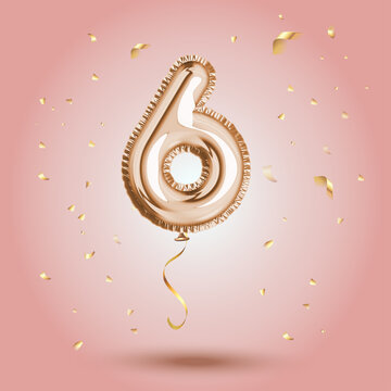 Elegant Pink Greeting celebration six years birthday Anniversary number 6 foil gold balloon. Happy birthday, congratulations poster. Golden numbers with sparkling golden confetti. Vector
