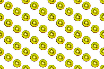 Seamless endless pattern of juicy green slices of kiwi fruit isolated on white background. Design for wrapping paper, fabric and wallpaper