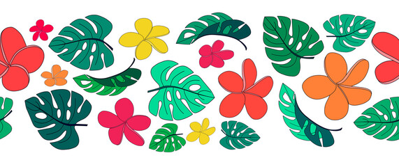 Seamless hand-drawn tropical border with exotic monstera leaves, exotic flowers on a white background. 