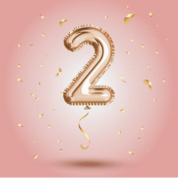 Elegant Pink Greeting celebration two years birthday Anniversary number 2 foil gold balloon. Happy birthday, congratulations poster. Golden numbers with sparkling golden confetti. Vector