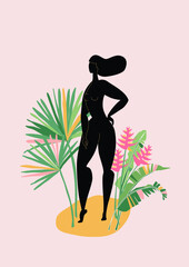 Woman body silhouette with tropical leaves and flowers