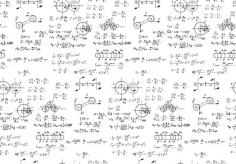 Rotation. Mathematical formulas, physical equations and outlines on white board. Vector hand-drawn seamless pattern. Retro scientific and educational background.