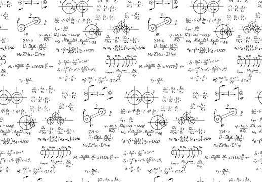 Rotation. Mathematical formulas, physical equations and outlines on white board. Vector hand-drawn seamless pattern. Retro scientific and educational background.