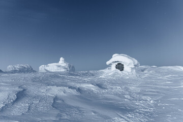 Snowy wilderness hut in Finnish Lapland
