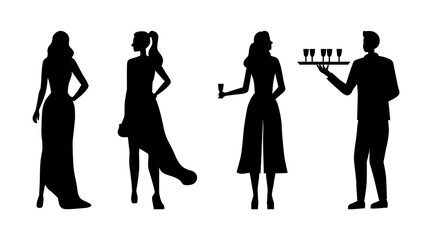 Handsome Young Fashion Beautiful Girls Silhouettes In Evening Gowns On Club Party. Waiter With a Tray Delivers Drinks. Privat Club Party With Guests And VIP Service. Cartoon Flat Vector Illustration