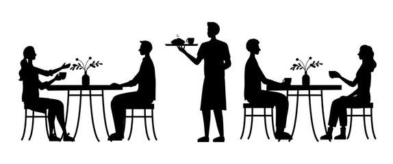 Concept Of Lunchtime. People Are Sitting In Cozy Urban Cafe, Drink Coffee, Eat Dinner. The Waiter Brings The Order. Characters Silhouettes Enjoying Of Time Together. Cartoon Flat Vector Illustration