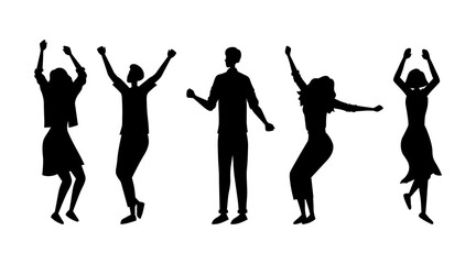 Dance Party Concept. Fashion People Silhouettes Are Dancing Together. Satisfied Characters In Different Dance Poses. Young Teens Boys And Girls Enjoying Dance Party. Cartoon Flat Vector Illustration