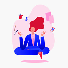 Simple illustration showing businesswoman trying to find a balance and harmony at work. Poster about wellbeing and mindfulnes.