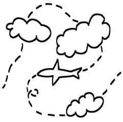 Flying airplane in the clouds, doodle.
Vector icon and clouds.For postcards, posters, stickers and professional design.