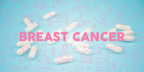 Breast cancer concept, pills on a blue background.