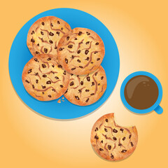 Chocolate chip cookies pile on a blue plate with blue coffee mug illustration