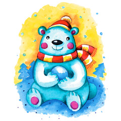 Watercolor hand drawn illustration of cute polar bear sitting with the snowball in paws on the winter background