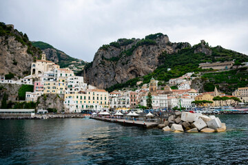 Fototapeta premium Italy, Campania, Amalfi - 14 August 2019 - Panoramic view of the beautiful Amalfi