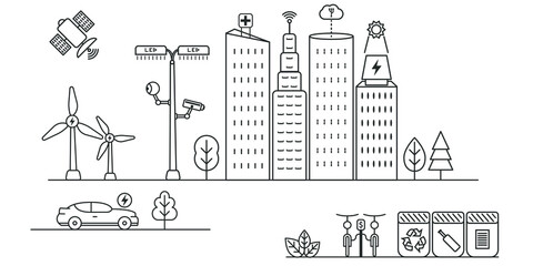 Smart city symbols outline vector illustration. smart services cloud computing, networks, solar panels, health care, recycling, electric car, security camera, wind turbine, ecological and Futuristic