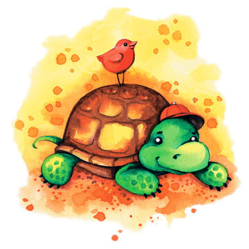 Watercolor hand drawn illustration of a turtle and a little bird on the top of the shell 