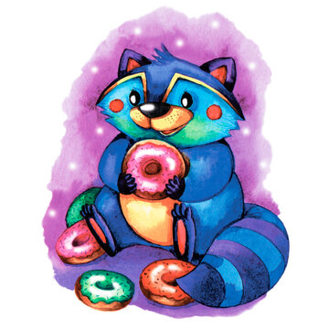 Watercolor hand drawn illustration of a cute raccoon eating the donut on the violet background