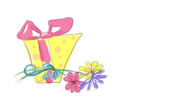 sketchy gift and bouquet of flowers with kitsch style forms and feminine colors laying on a table suggesting its an anniversary present for a high class woman