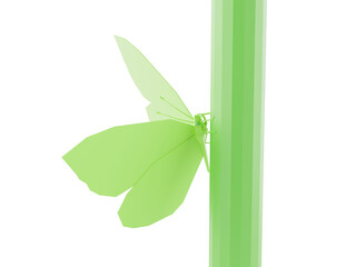 Low Poly Style Green Butterfly Isolated. Butterfly sits on a stalk. 3d illustration