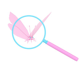 a pink low-poly butterfly under a magnifying glass, 3d render