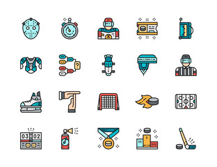 Set of Hockey Color Line Icons. Puck, Stopwatch, Goalkeeper, Ticket and more.