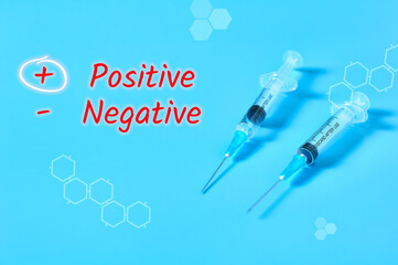 Abstract graphics with inscription positive, negative and disposable syringes. Medical concept