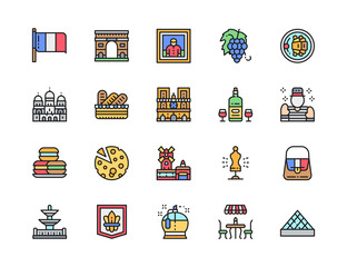 Set of French Culture Flat Color Line Icons. Alcohol, Mime, Macarons and more.