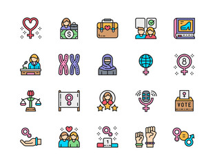 Set of Feminism Color Line Icons. Female Protest, Salary, Chromosomes and more.