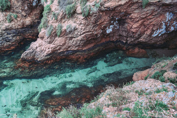 Turquoise water stream flowing through gorge, seen from above.