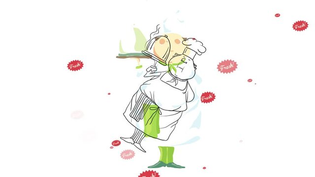 catering business ad for elegant events with polished butler standing straight with a proud expression waiting to serve the warm food decorated with a food cloche