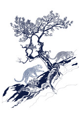 Pine and leopards on the mountainside asian vintage ink paint illustration
