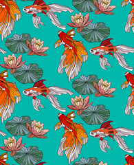 Vintage goldfish with lotus Asian style seamless pattern