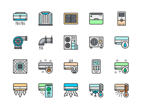 Set of Air Conditioning Color Line Icon. Multi-split System, Humidifier and more