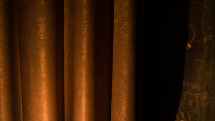Vintage background of bronze wavy curtain and transparent tulle with flower pattern. Deep shadows
