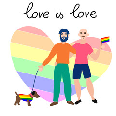 Happy gay couple going to pride parade. Hand drawn vector illustration.