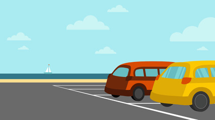 Vector illustration of a parking lot near by the ocean bay. Horizontal landscape, outdoor background. © Nadia x