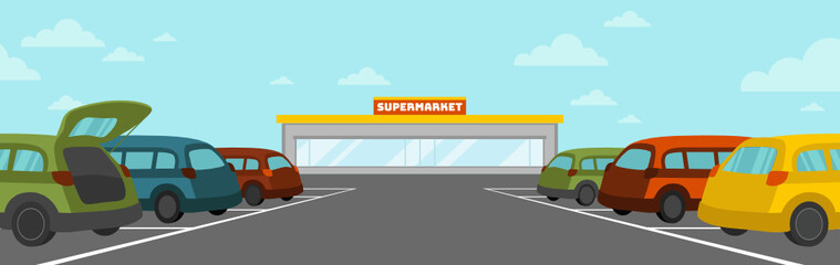Vector flat illustration of supermarket parking lot with cars. Open trunk.  Grocery store. Road marking. Shopping trip. Cartoon background, personal transport, traffic, carriage. Good weather blue sky © Nadia x