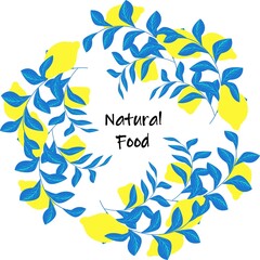 Fototapeta na wymiar lemon wreath with blue leaf branch circle frame, design element, space for text, natural food