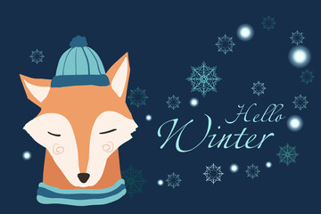 Cartoon fox in hat and scarf with snowflakes. Hello winter - cute illustration for greetings seasonal cards.    It is snowing in the cold dark sky.